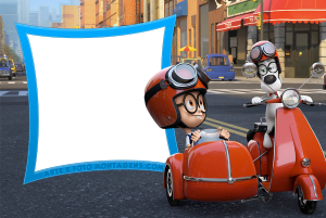 Sr. Peabody e Sherman, motocicleta sidecar, rua cidade, moldura azul clara distorcida.