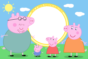 Família Pig (Papai, Mamãe, Peppa, George), campo verde, moldura circular amarela, fundo céu sol.