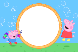 Peppa e George Pig, bolhas sabão, gramado, moldura circular laranja, fundo céu azul bolhas.