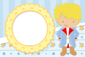 Pequeno Príncipe chibi, moldura circular amarela de renda, fundo azul claro listrado e com estrelas.