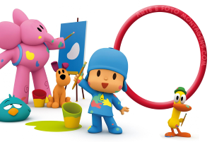 Pocoyo, Elly, Pato, Loula pintando, tintas, pincéis, moldura circular vermelha, fundo branco.