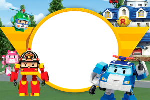 Robocar Poli, Roy, Amber, Helly, moldura amarela formato escudo, fundo cidade quartel.