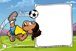 Ronaldinho Gaúcho Turma da Mônica, chute bicicleta, moldura retangular vertical branca, fundo campo futebol.