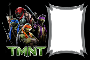 Tartarugas Ninja filme 2014, logo TMNT, moldura cinza escura bordas metálicas pontiagudas, fundo preto.