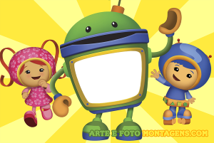 Milli, Geo, Bot Team Umizoomi, Bot segurando moldura xadrez, fundo amarelo raios.