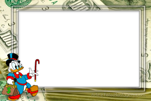 Tio Patinhas, saco dinheiro, bengala, moldura retangular transparente, fundo notas dólar.