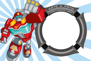 Robô Heatwave Transformers Rescue Bots, moldura circular preta borda metálica, fundo azul raios.