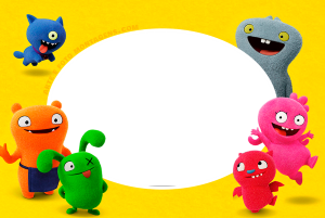 Grupo bonecos UglyDolls coloridos, moldura oval branca, fundo amarelo vibrante.
