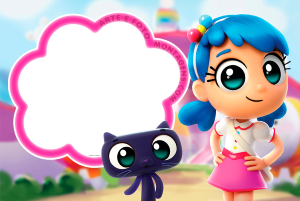 Vera e gato Bartleby (Vera e o Reino do Arco-Íris), moldura formato nuvem borda rosa, fundo Reino Arco-Íris.