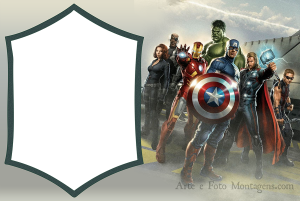 Vingadores Guerra Civil, porta-aviões SHIELD, moldura verde militar formato escudo.