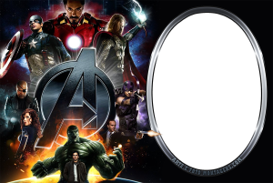 Vingadores reunidos, logo 'Avengers', moldura oval metálica.