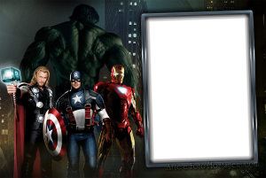 Vingadores (Thor, Capitão América, Homem de Ferro, Hulk), cena ação cidade, moldura retangular vertical preta borda prateada.