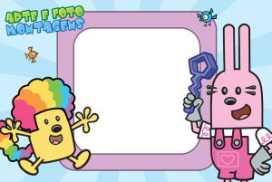 Wubbzy e Widget (Wow! Wow! Wubbzy!), moldura lilás cantos arredondados, fundo azul raios.