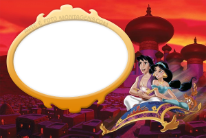 Aladdin e Jasmine, voando no tapete mágico, Abu, moldura oval amarela, fundo Agrabah.