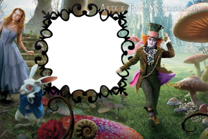 Alice, Chapeleiro Maluco, Coelho Branco (live-action), floresta mágica, moldura preta ornamentada.
