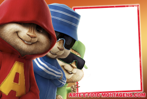 Alvin, Simon, Theodore (Alvin e os Esquilos), roupas esportivas, moldura retangular vermelha borda branca, fundo laranja.