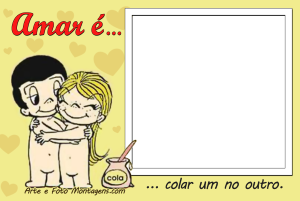 Casal 'Amar é...', abraçados, pote cola, frase 'colar um no outro', moldura retangular branca, fundo amarelo corações.