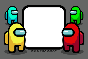 Quatro personagens Among Us (ciano, amarelo, verde, vermelho), moldura retangular cantos arredondados preta, fundo cinza escuro.