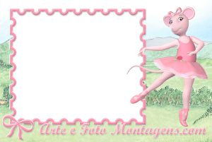 Ratinha Angelina Ballerina, pose balé, vestido rosa, moldura retangular rosa ondulada, fundo paisagem grama verde e céu azul.