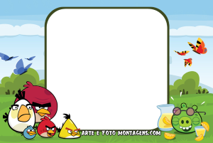 Pássaros Angry Birds, porco verde suco, campo, borboletas, moldura retangular verde escura, fundo grama verde e céu azul.
