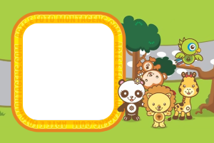 Animais zoológico chibi (panda, leão, macaco, girafa, pássaro), parque, moldura quadrada laranja, fundo verde.