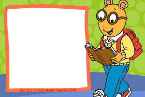 Arthur Read lendo livro, mochila vermelha, moldura quadrada laranja sombra verde, fundo verde poá.