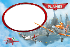 Dusty e aviões Disney voando cidade, moldura oval vermelha branca, fundo arranha-céus e céu azul.