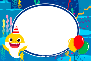 Baby Shark amarelo com chapéu de festa, balões, moldura oval azul escura, fundo marinho confetes.