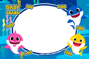 Família Baby Shark (rosa, azul, amarelo), 'DOO', moldura oval azul, fundo marinho algas.