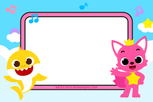 Baby Shark amarelo, Pinkfong raposa rosa, moldura retangular borda rosa, fundo céu azul nuvens estrelas notas.