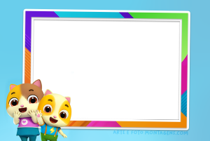 Dois gatos BabyBus MeowMi, moldura retangular formas geométricas coloridas, fundo azul claro.