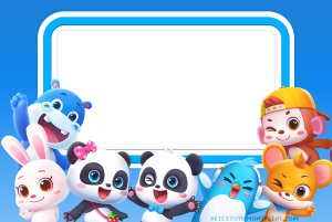 Personagens BabyBus (coelho, pandas, pinguim, macaco, hipopótamo, rato), moldura retangular azul clara, fundo azul escuro.