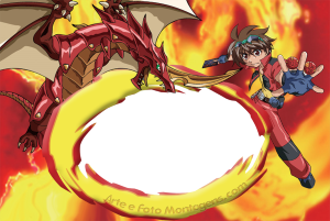 Dan Kuso e dragão Bakugan, fundo chamas, moldura oval amarela detalhes vermelhos, esfera fogo.