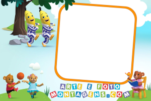 B1 e B2 Bananas de Pijamas, ursinhos brincando, parque, moldura retangular branca borda laranja.
