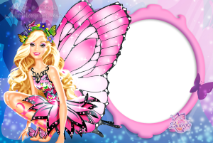 Barbie Mariposa Butterfly, asas borboleta rosa preta, moldura oval rosa ornamentada, fundo azul roxo borboletas.