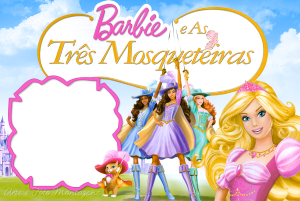 Barbie Três Mosqueteiras, espadas, gato, Barbie princesa, moldura rosa irregular, fundo castelo céu.