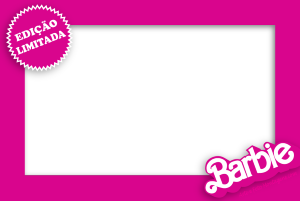 Moldura retangular borda pink, boneca na caixa, logo Barbie, selo EDIÇÃO LIMITADA.