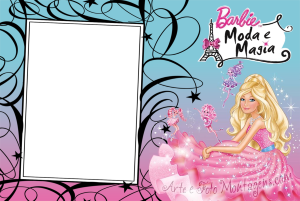 Barbie Moda e Magia, vestido rosa, fadinhas, moldura preta arabescos, fundo azul e pink, Torre Eiffel.