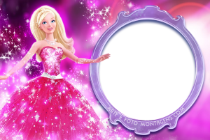 Barbie vestido gala pink brilhante, colar, moldura oval lilás, fundo rosa brilhos estrelas.