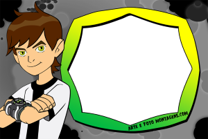 Ben 10 Omniverse, Omnitrix ativado, moldura verde clara bordas escuras, fundo preto e cinza.