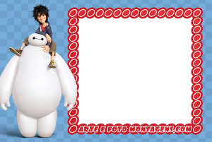 Hiro Hamada montado Baymax (Operação Big Hero), moldura retangular vermelha borda círculos, fundo azul quadriculado.