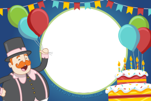 Mundo Bita, moldura circular, fundo azul escuro com  bolo aniversário, bandeirinhas e bexigas coloridas.