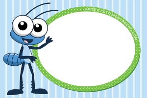 Formiguinha Bob Zoom azul sorrindo, moldura oval verde textura poá, fundo listrado azul branco.