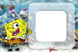 Bob Esponja fazendo joinha e piscando, moldura quadrada transparente, fundo aquário realista corais.