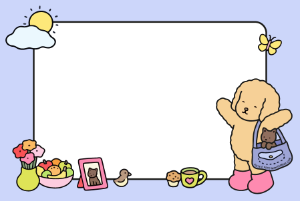 Cachorro poodle bege com bolsa, gatinho, moldura retangular cantos arredondados, fundo lilás.