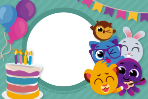 Personagens Bolofofos, bolo aniversário, bexigas, moldura circular, fundo verde com bandeirinhas coloridas.