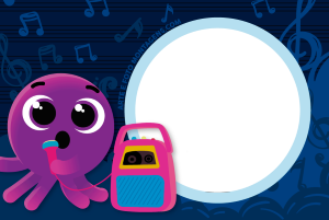 Polvo roxo Bolofofos cantando, rádio karaoke rosa, moldura circular borda azul clara, fundo azul escuro notas musicais.