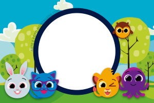Personagens Bolofofos (coelho, gato, leão, polvo, coruja), fundo céu azul e árvores, moldura circular azul escura.