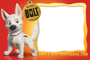 Cão Bolt Supercão, moldura amarela laranja ondulada, fundo vermelho.