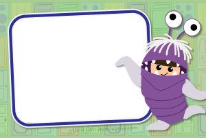 Boo Monstros S.A. fantasia monstro roxo, moldura azul, fundo verde portas.